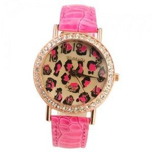WoMaGe A449 Metal Golden Round Dial with Rhinestones Rounded PU Leather Band Casual - Pink