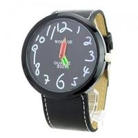 WOMAGE Cute Chronometer with Pencil Pointer/Round Dial/Quartz Movement/PU Leather Band-Black