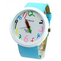 WOMAGE Cute Chronometer with Pencil Pointer/Round Dial/Quartz Movement/PU Leather Band-Sky blue