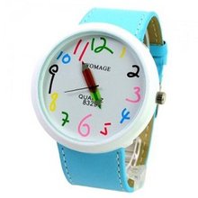 WOMAGE Cute Chronometer with Pencil Pointer/Round Dial/Quartz Movement/PU Leather Band-Sky blue