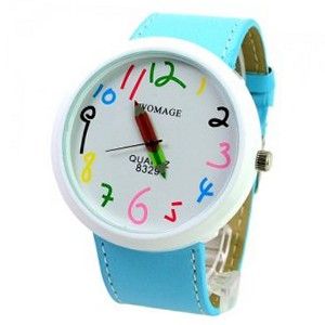 WOMAGE Cute Chronometer with Pencil Pointer/Round Dial/Quartz Movement/PU Leather Band-Sky blue