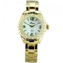 Woman Beautiful Crystal Rhinestones Quartz Movement with Round Dial-Golden