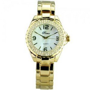 Woman Beautiful Crystal Rhinestones Quartz Movement with Round Dial-Golden