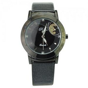 Woman Beautiful PU Leather Wristband Casual with Round Dial-Black