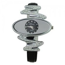 Woman Novelty PU Leather Wristband Strap Rhinestone with Round Dial-Black