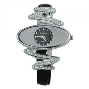 Woman Novelty PU Leather Wristband Strap Rhinestone with Round Dial-Black