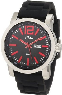 Odin 8054-5M Bk Precision Quartz 3-Hand Day and Date Steel Tone with Rubber Strap