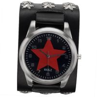 Red Star on Black - Leather Strap with Star Studs