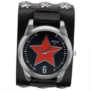 Red Star on Black - Leather Strap with Star Studs