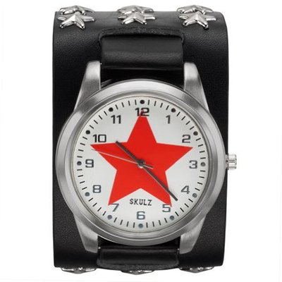 Red Star on White - Leather Strap with Star Studs