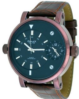 Omax #C001 Leather Band Bronze IP Oversize Dual Time Zone