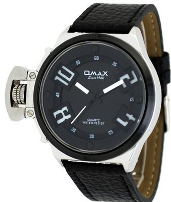 Omax #E007 Leather Band Black IP Bezel Russian Lefty Oversize Analog