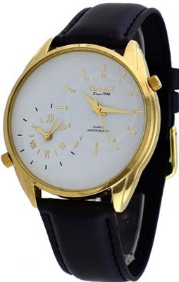 uOMAX Omax #S002G321 Leather Band Gold Tone White Dial Dual Time Zone 