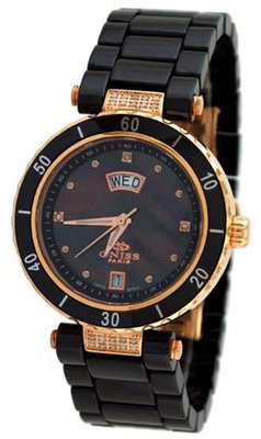 Oniss ON642-LRG1 Rose Gold Trim Diamond Accented Black Ceramic