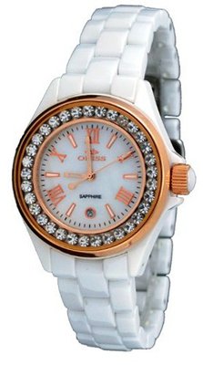 Oniss #ON815-LRG Rose Gold Trim Austrian Crystal Bezel White Ceramic