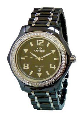 Oniss Paris ON806-L Blk Ladies, High Tech Ceramic Case and Band with Stainless Steel Middle Links ,Swiss Movement, Sapphire Crystal, Mop Dial,52 Austrian Crystals on Bezel - White