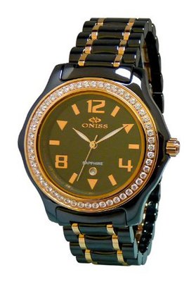 Oniss Paris ON806-Lrg Blk Ladies, High Tech Ceramic Case and Band with Stainless Steel Middle Links ,Ip Rose Plating ,Swiss Movement, Sapphire Crystal, Mop Dial,52 Austrian Crystals on Bezel - Blue
