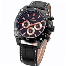 Orkina 6 Hands Stop Black Leather Sport Quartz Wrist Gift ORK077