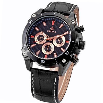 Orkina 6 Hands Stop Black Leather Sport Quartz Wrist Gift ORK077