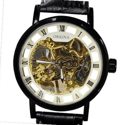 Orkina Black Case Hallow Dial Mechanical Hand-Wind Leather Strap Wrist KC112-FWB
