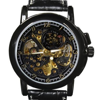 Orkina Black Case Hollow Mechanical Skeleton Dial Leather Strap Wrist