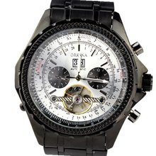 Orkina Black Case White Chronograph Skeleton Dial Mechanical Tourbillon Stainless Steel Wrist KC082SBW