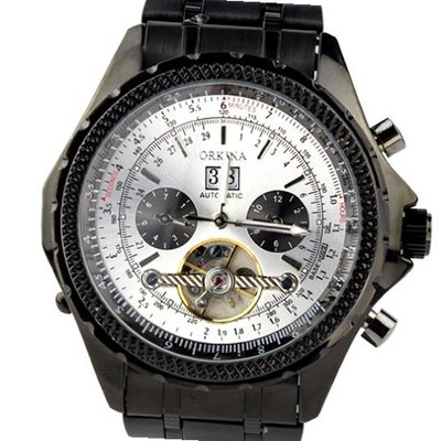 Orkina Black Case White Chronograph Skeleton Dial Mechanical Tourbillon Stainless Steel Wrist KC082SBW