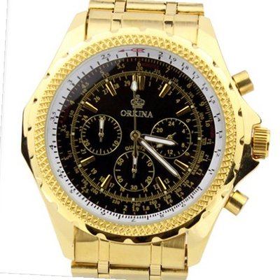 ORKINA Black Dial Chronograph Golden Color Stainless Steel Band Sport Quartz Wrist
