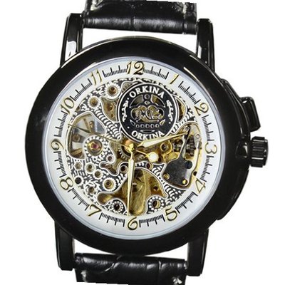 Orkina Black Skeleton Dial Mechanical Leather Strap Wrist MG015LWBK