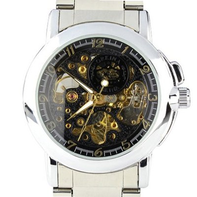Orkina Black Skeleton Dial Quartz Automatic Stainless Steel Strap Wrist MG015SB