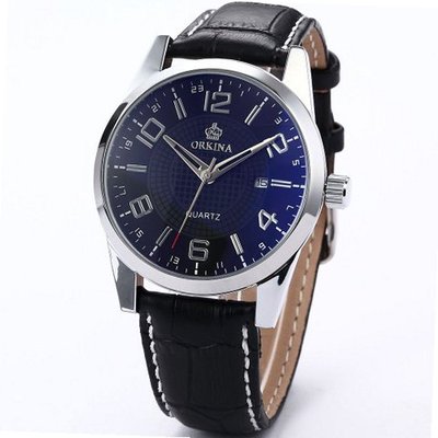 Orkina Boyfriend Black Silver Date Sport Quartz Leather Wrist Gift ORK057