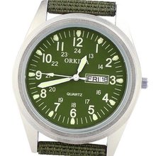 Orkina Dark Army Green Dial Quartz Nylon Fabric Band Date Day Wrist
