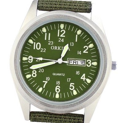 Orkina Dark Army Green Dial Quartz Nylon Fabric Band Date Day Wrist