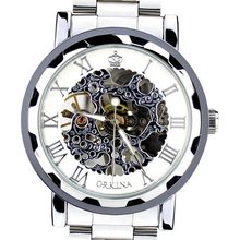 Orkina Dress Silver Rim Tourbillon Mechanical Dial Stainless Steel Strap Luxury Wrist KC023-SSW