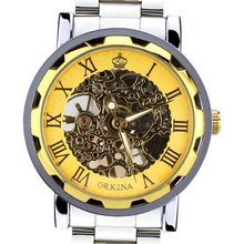 Orkina Fashion Gold Tourbillon Mechanical Dial Stainless Steel Strap Wrist KC023-SGG