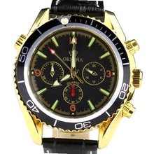 Orkina Gold Case Black Chronograph Dial Leather Strap Wrist PO010LB