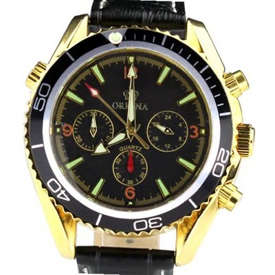 Orkina Gold Case Black Chronograph Dial Leather Strap Wrist PO010LB