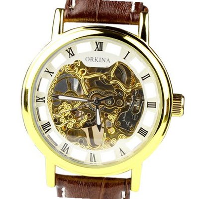 Orkina Gold Case Skeleton Tourbillion Dial Mechanical Leather Strap Wrist KC112-FWBR