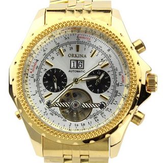 Orkina Gold Color Case White Chronograph Skeleton Dial Stainless Steel Wrist KC082SGW
