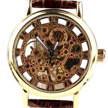 Orkina Golden Case Hollow Mechanical Skeleton Dial Leather Strap Wrist