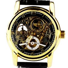 Orkina Golden Case Hollow Mechanical Skeleton Dial Leather Strap Wrist