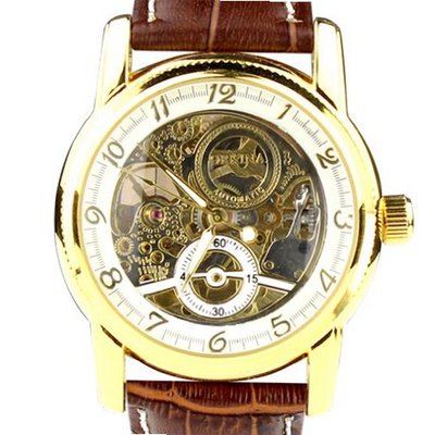 Orkina Golden Case Hollow Mechanical Skeleton Dial Leather Strap Wrist