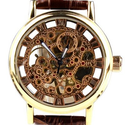 Orkina Golden Case Hollow Skeleton Mechanical Dial Leather Strap Wrist KC112GB