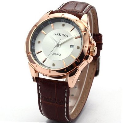 Orkina Golden White Dial Date Leather Sport Quartz Wrist Gift ORK082