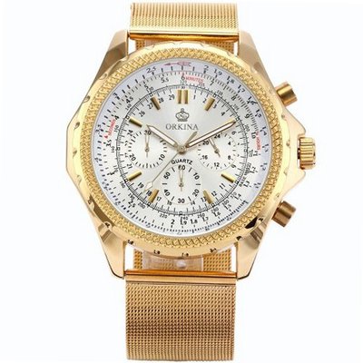 ORKINA Luxury Chronograph Golden Stainless Steel Mesh Band Quartz Sport ORK112