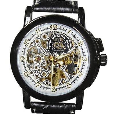 ORKINA MG015-L Mechanical Skeleton Analog Leather Wrist  Lady Quartz WHITE BLACK