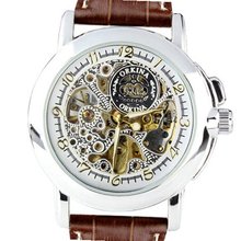 ORKINA MG015-L Mechanical Skeleton Analog Leather Wrist  Lady Quartz WHITE BROWN