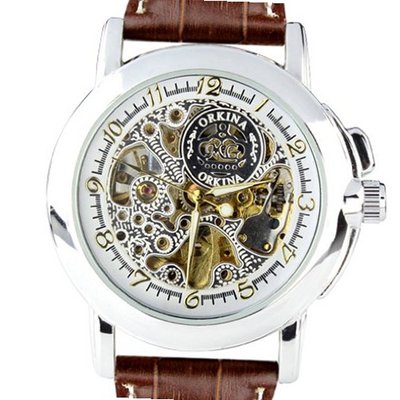ORKINA MG015-L Mechanical Skeleton Analog Leather Wrist  Lady Quartz WHITE BROWN