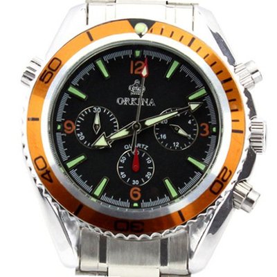 Orkina Orange Ring Silver Case Black Chronograph Dial Stainless Steel Luxury Wrist PO010SSO