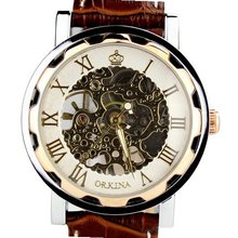 Orkina Rose Gold Color Case Transparent Tourbillion Mechanical Dial Leather Strap Wrist KC023-LRW